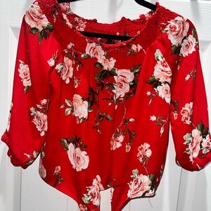 Dynamite Off The Shoulder Floral Red Women's Top